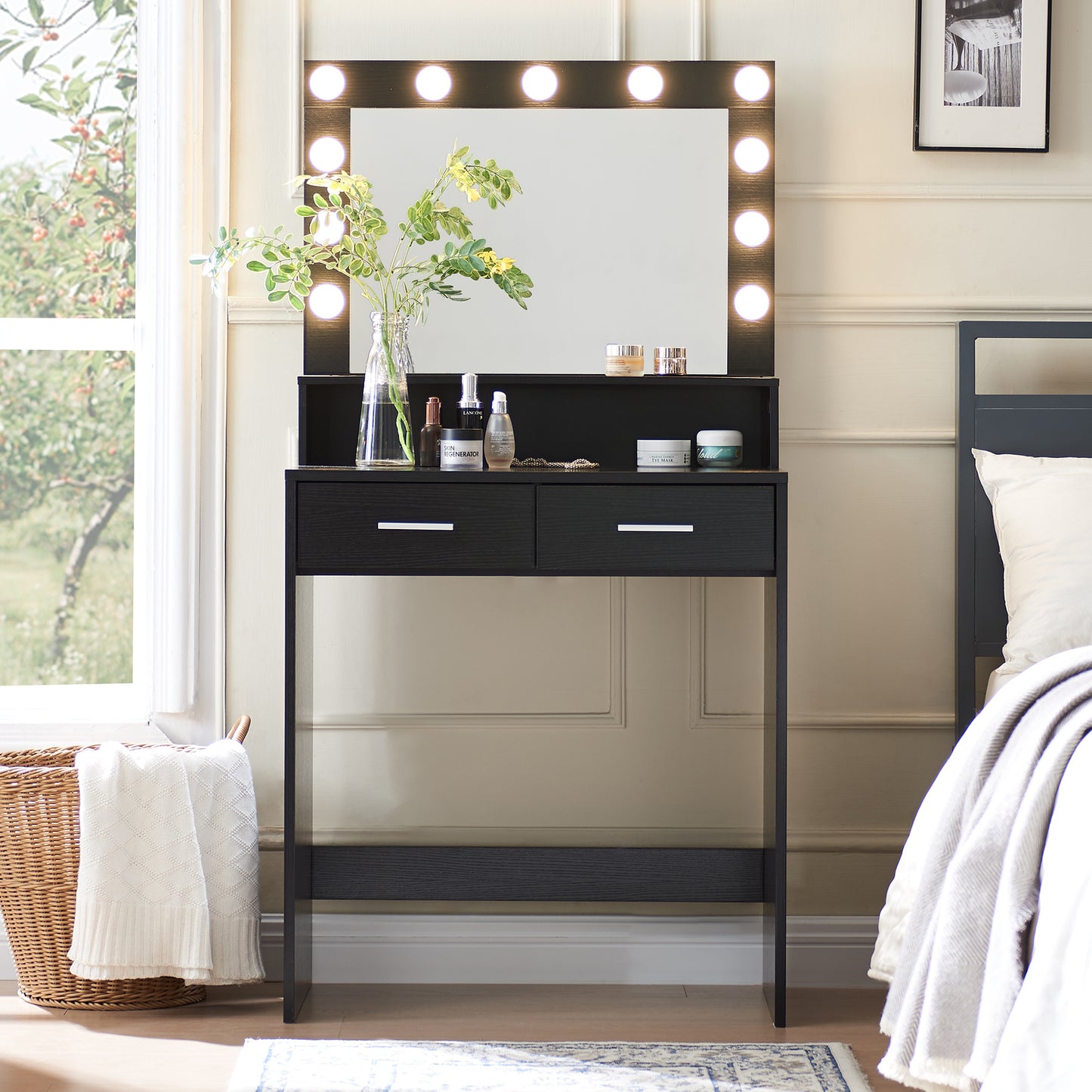 Luxe Divine Collection ~ Black Make-up Vanity Table With Mirror And Lamp