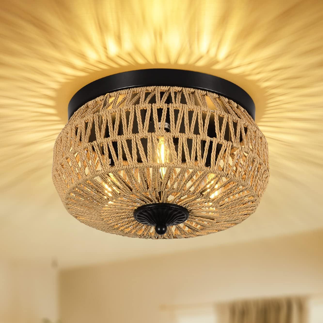 Luxe Divine Collection ~ 3 Lamp Woven Rattan Recessed Chandelier With Handmade Cage Lampshade