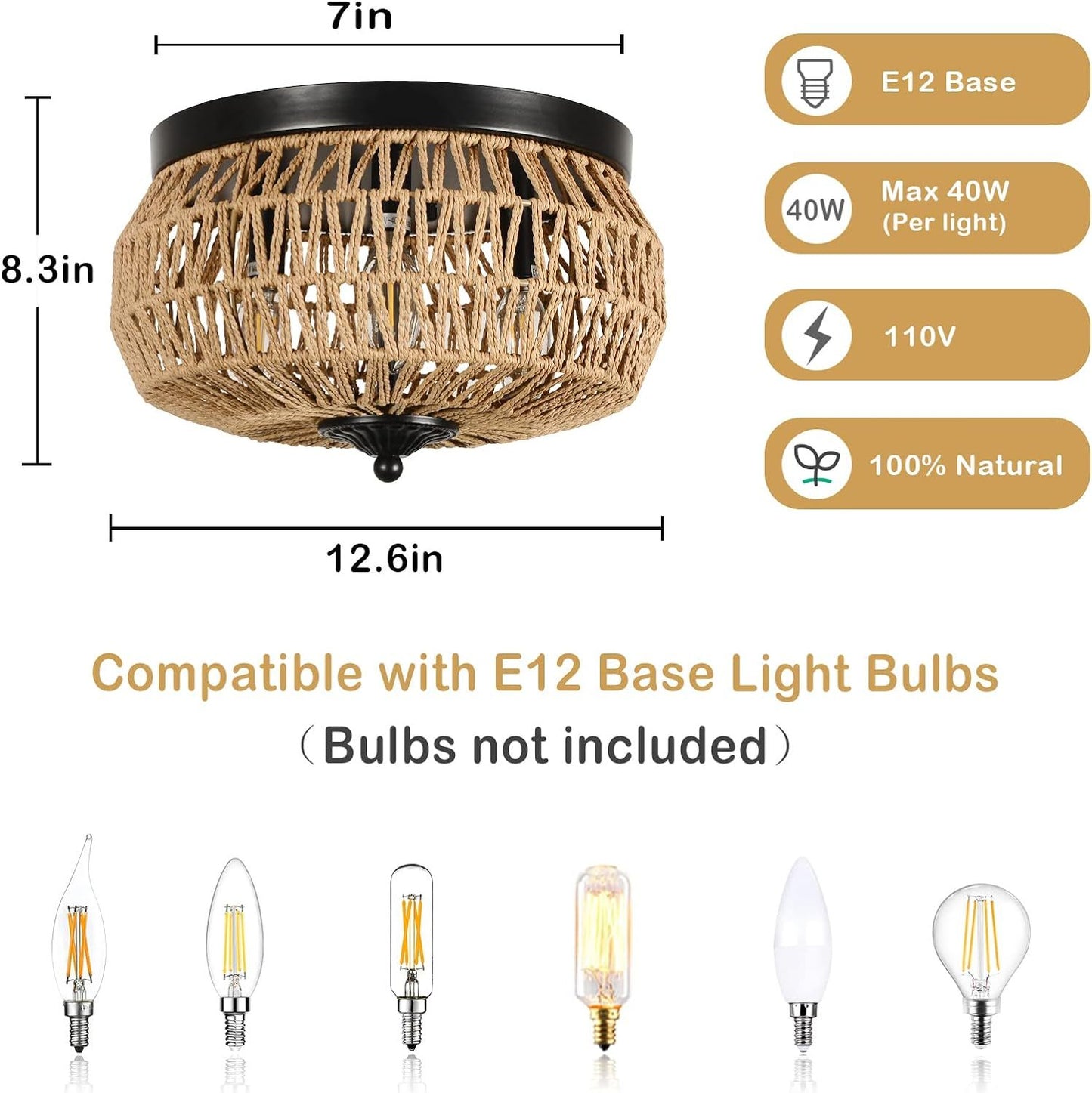 Luxe Divine Collection ~ 3 Lamp Woven Rattan Recessed Chandelier With Handmade Cage Lampshade