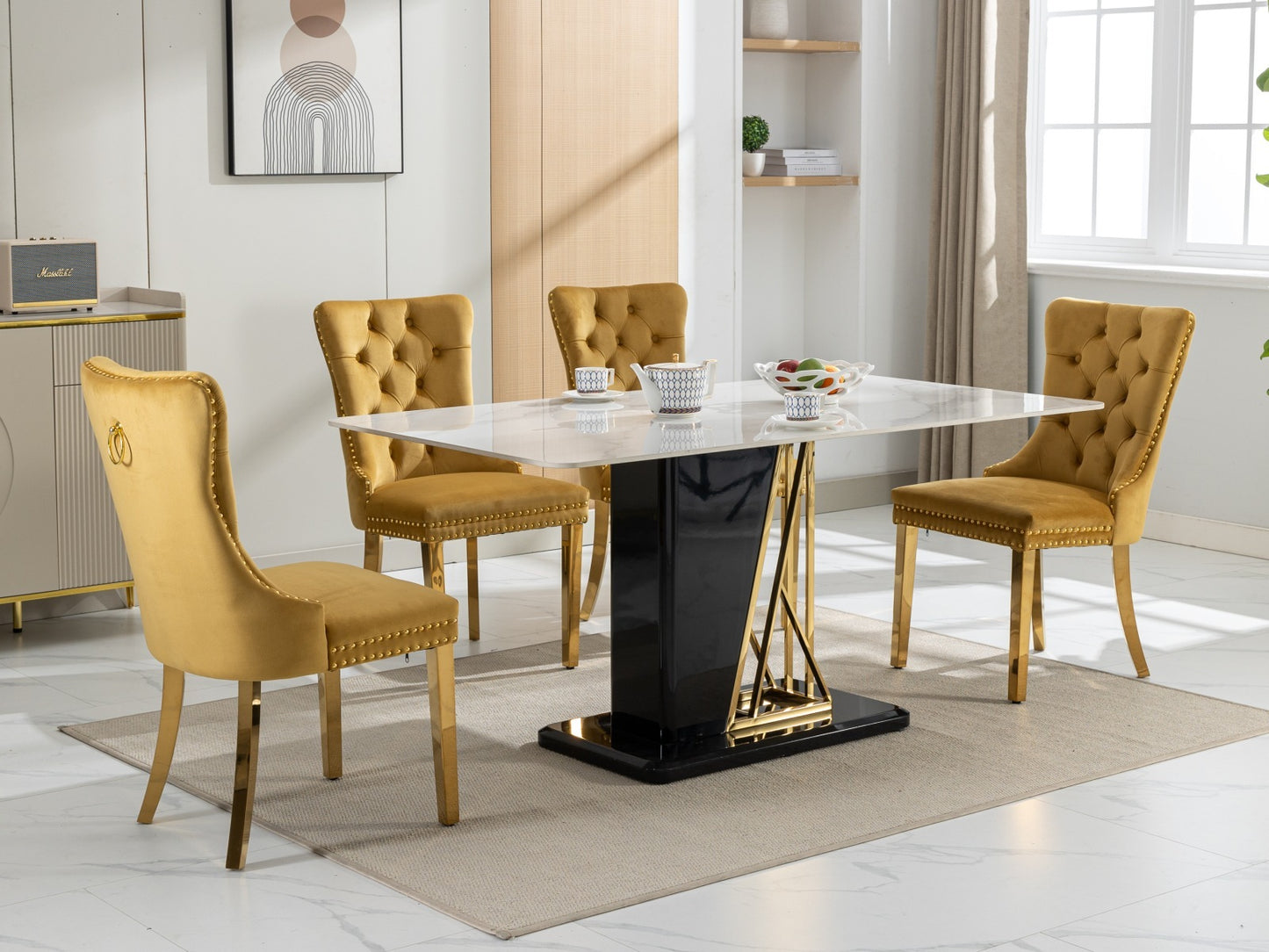 Luxe Divine Collection ~ High-end Tufted Solid Wood Contemporary Velvet Upholstered Dining Chair With Golden Stainless Steel Plating Legs,Nailhead Trim,Set Of 2
