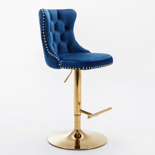 Luxe Divine Collection ~ Golden Swivel Velvet Barstools Adjustable Seat Height From 25-33 Inch Blue, Nailhead Trim, Set Of 2