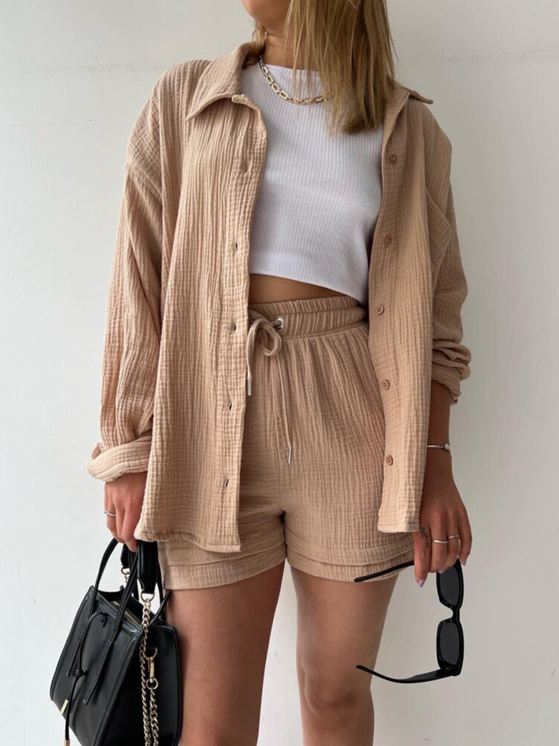 Luxe Divine Collection ~ Texture Button Up Shirt and Drawstring Shorts Set