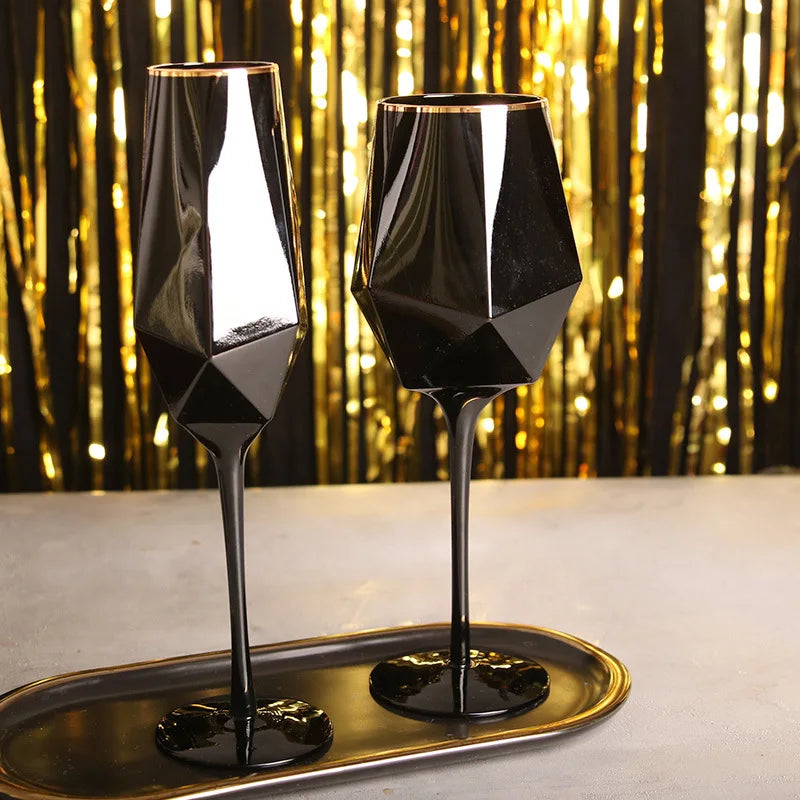 Luxe Divine Collection ~ Pure Black Crystal Golden Edge Wine Glass, Special Champagne Glasses