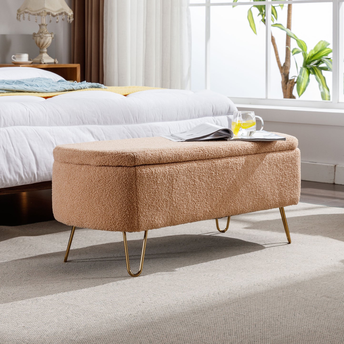 Luxe Divine Collection ~ Camel Storage Ottoman Bench for End of Bed Gold Legs
