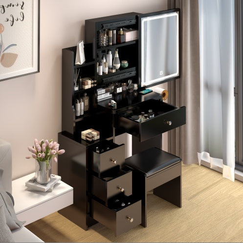 Luxe Divine Collection ~ Black Small Space Left Bedside Cabinet Vanity Table Cushioned Stool, Power Station, Hair Dryer Bracket