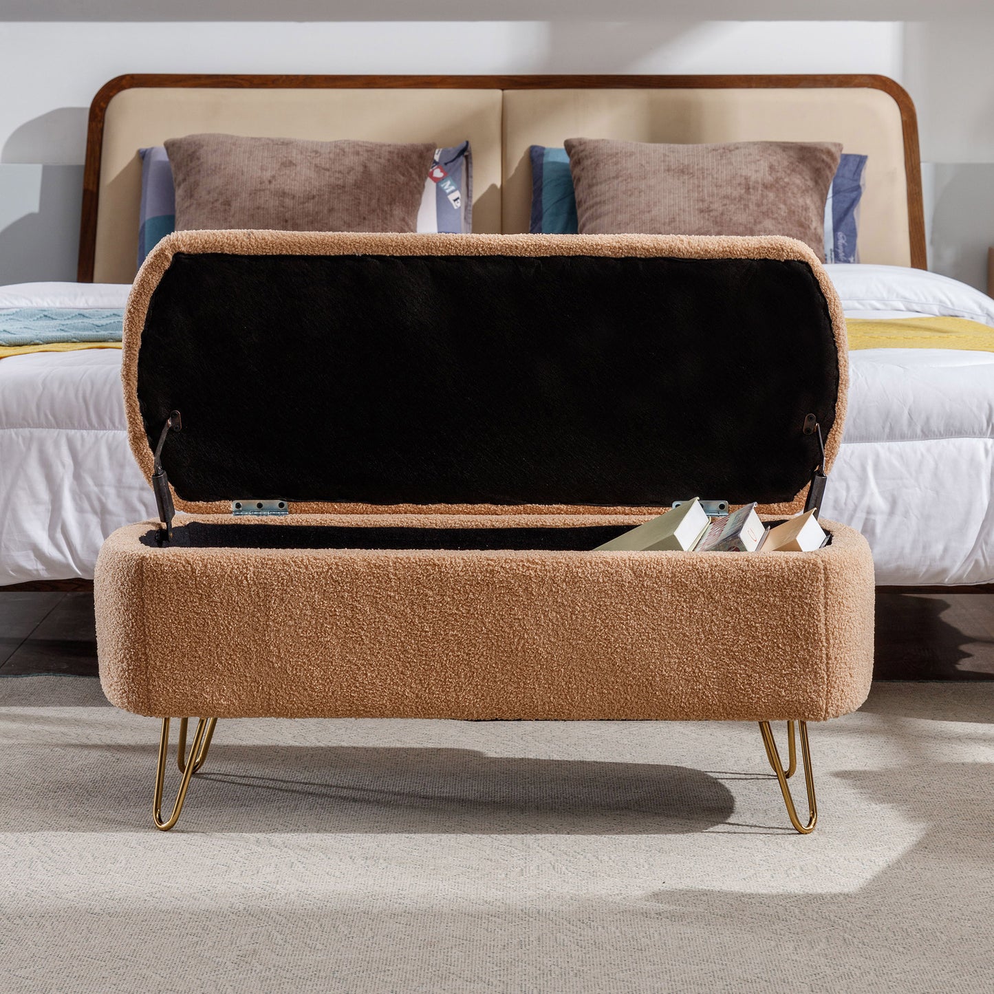 Luxe Divine Collection ~ Camel Storage Ottoman Bench for End of Bed Gold Legs