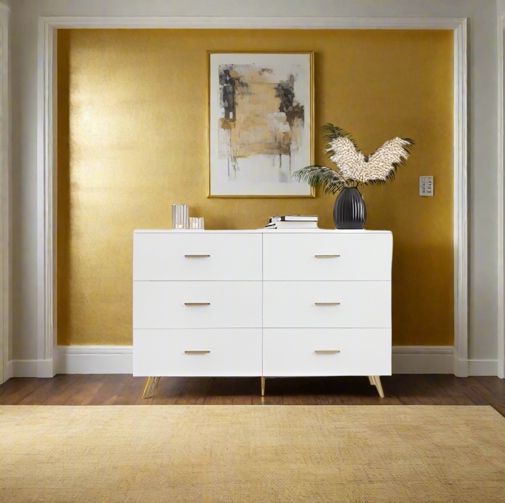 Luxe Divine Collection ~ High Glossy Surface 6 Drawers Chest Of Drawer With Golden Handle And Golden Steel Legs White Color Vanity