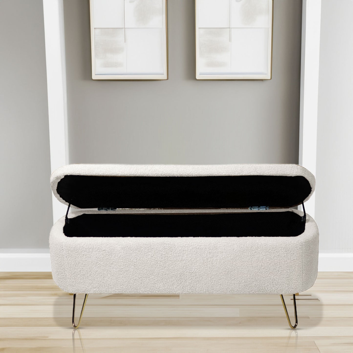 Luxe Divine Collection ~ Ivory White Storage Ottoman Bench for End of Bed Gold Legs