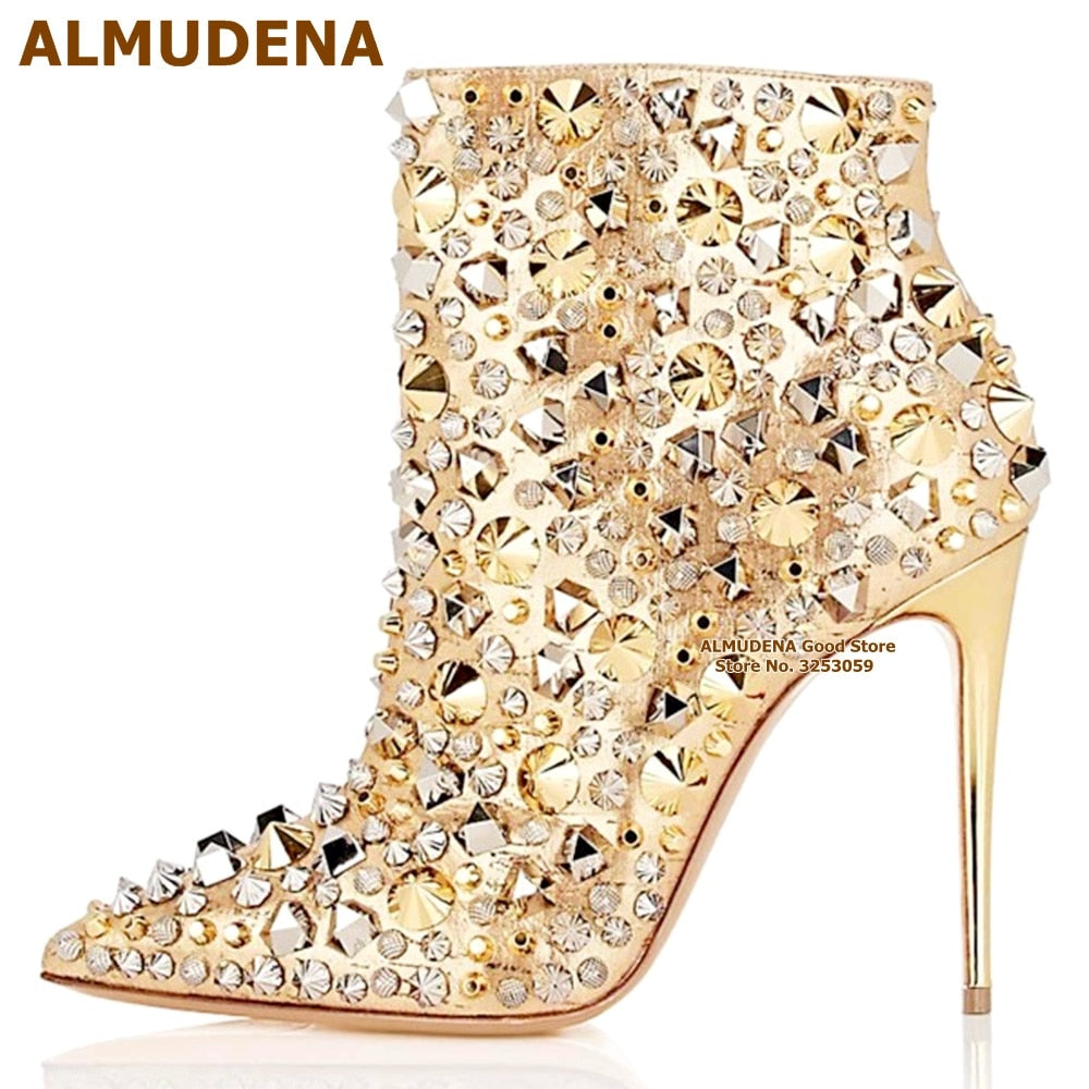 Luxe Divine Collection ~ Glitter Gold Metallic Studs Ankle Boots Stiletto Heel Silver Shell Spikes Pointed Toe Booties