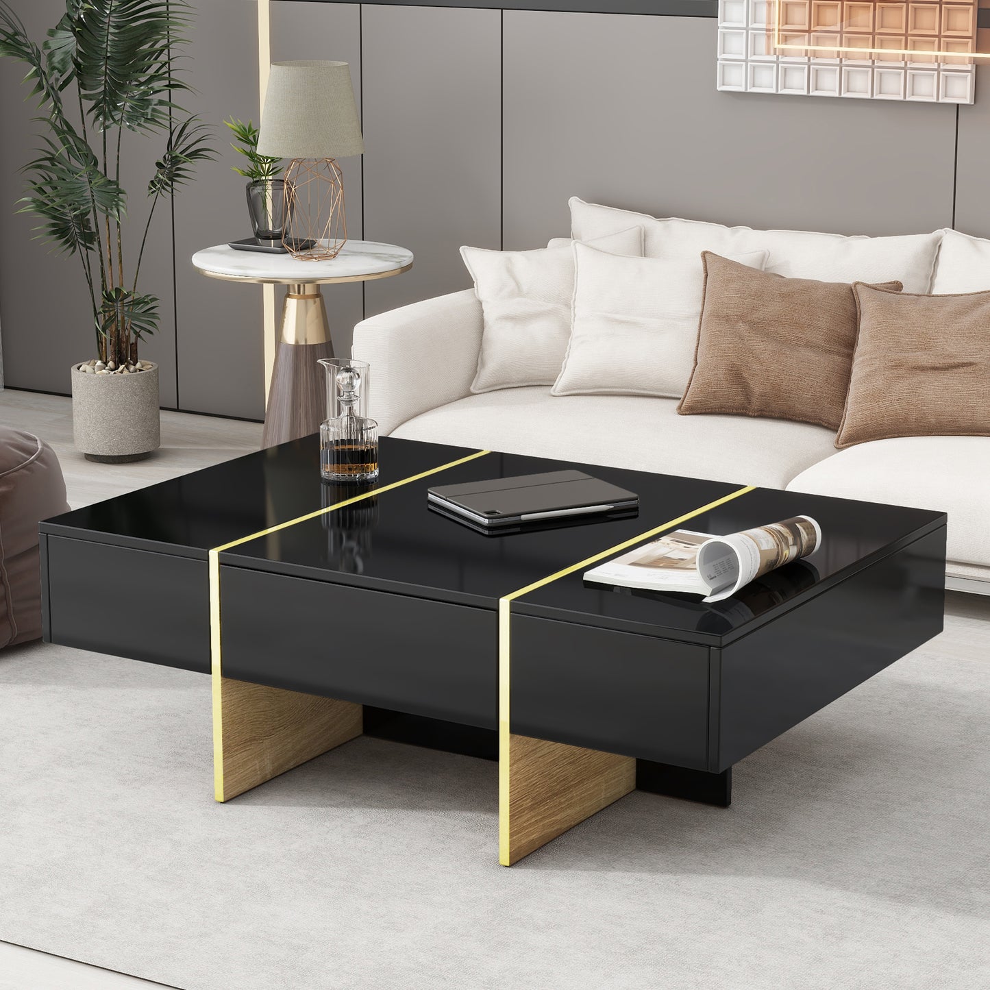 Luxe Divine Collection ~ 47.2 inch x 31.4 inch multifunctional rectangular sofa table with 2 drawers and gold wood grain leg center table, black