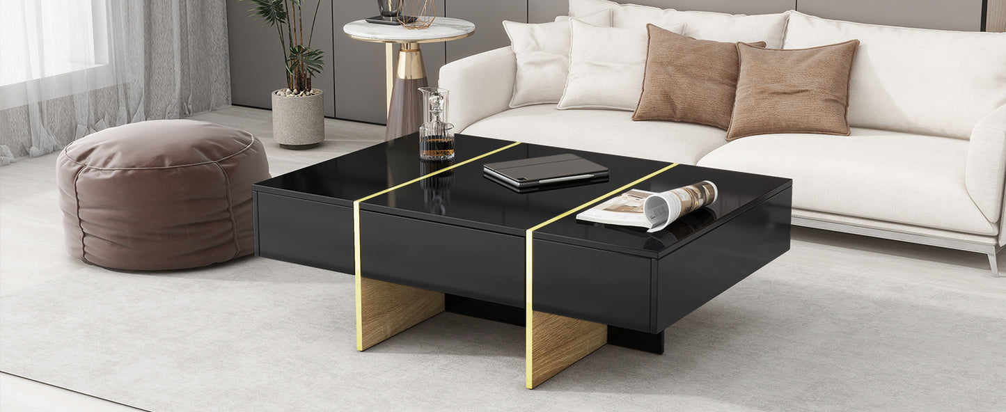 Luxe Divine Collection ~ 47.2 inch x 31.4 inch multifunctional rectangular sofa table with 2 drawers and gold wood grain leg center table, black