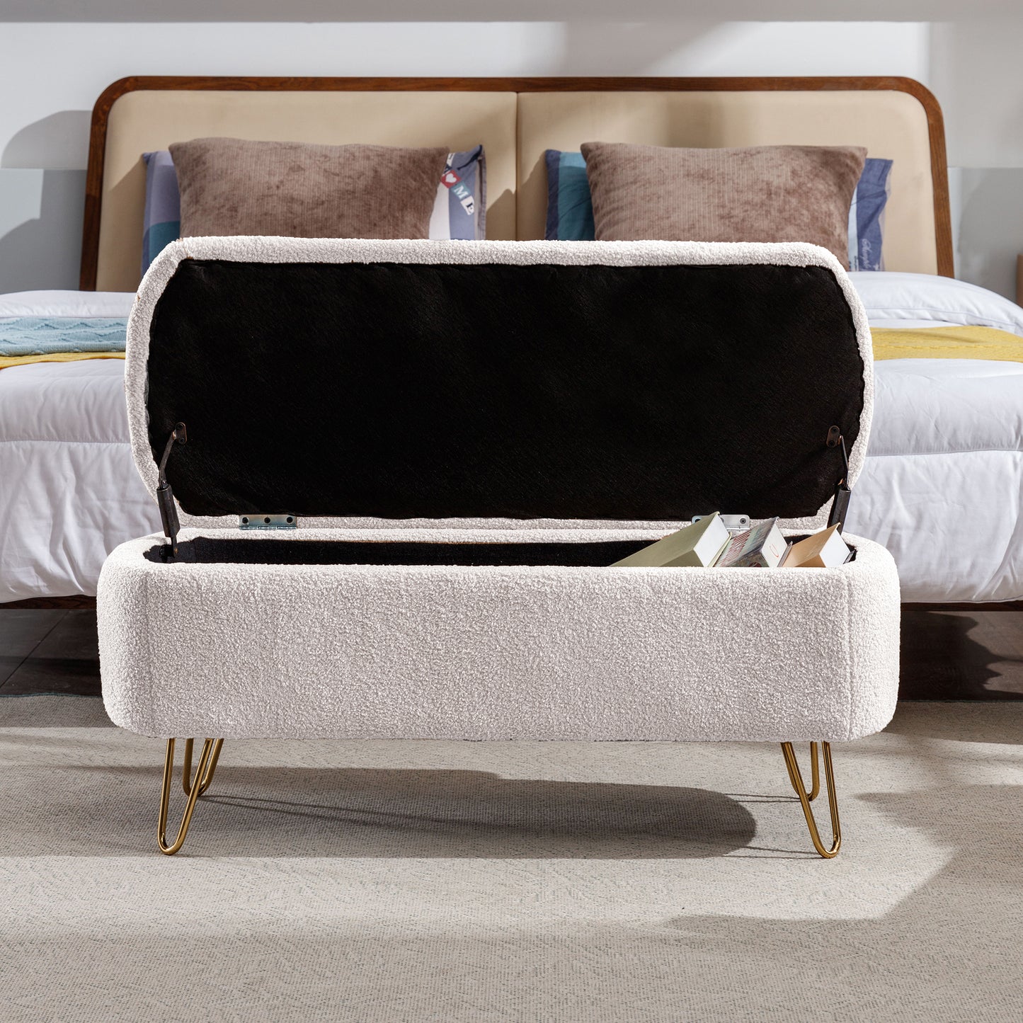 Luxe Divine Collection ~ Ivory White Storage Ottoman Bench for End of Bed Gold Legs