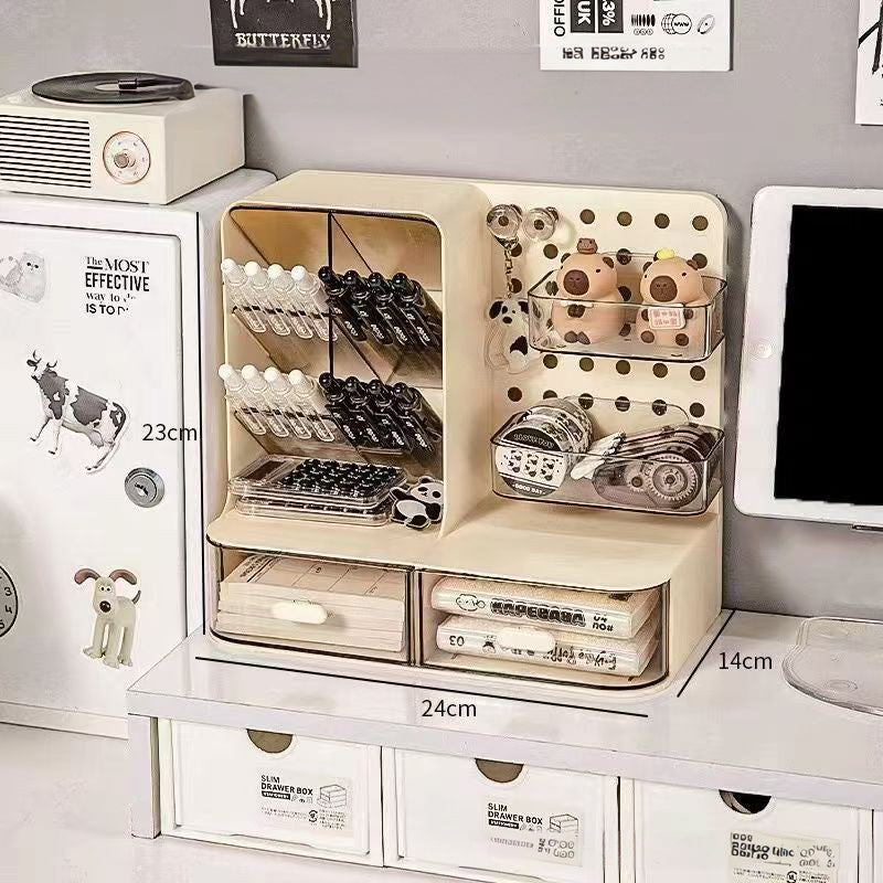 Luxe Divine Collection ~ Adorable Desk Organizer with Hook Drawer, Hole Board, Card Display Stand, Desktop Storage Box, and Stationery Storage Rack