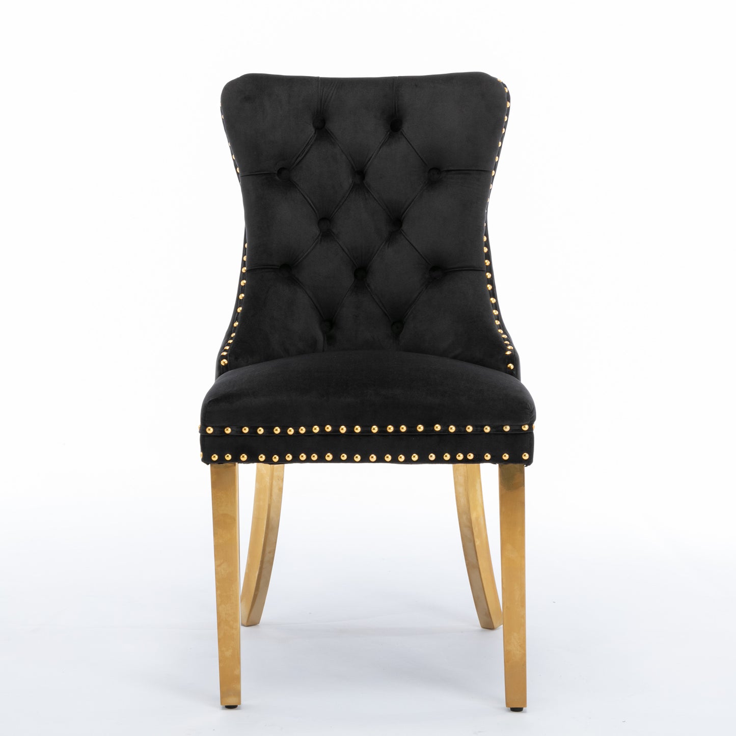 Luxe Divine Collection ~ Black Solid wood velvet cushion chair, gold-plated stainless steel chair leg nail head decoration 2-piece set in black and gold