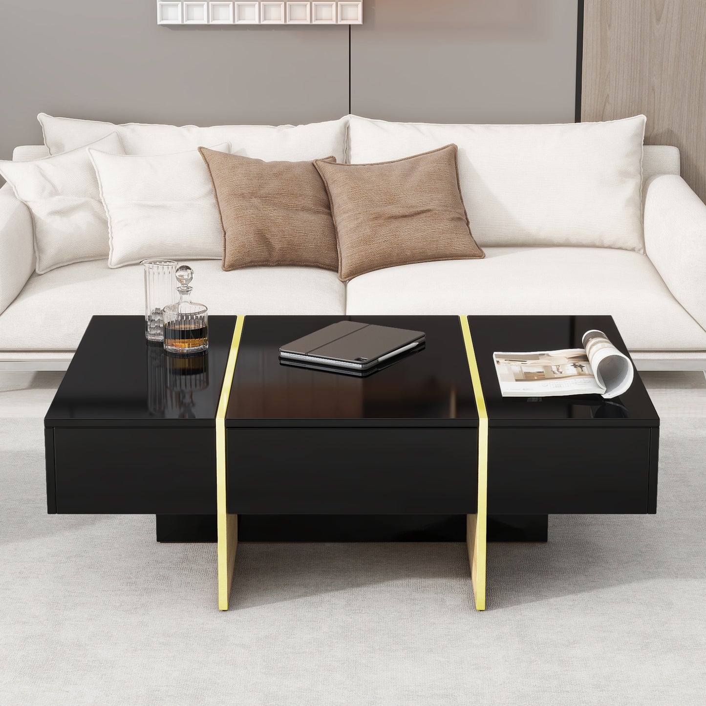 Luxe Divine Collection ~ 47.2 inch x 31.4 inch multifunctional rectangular sofa table with 2 drawers and gold wood grain leg center table, black