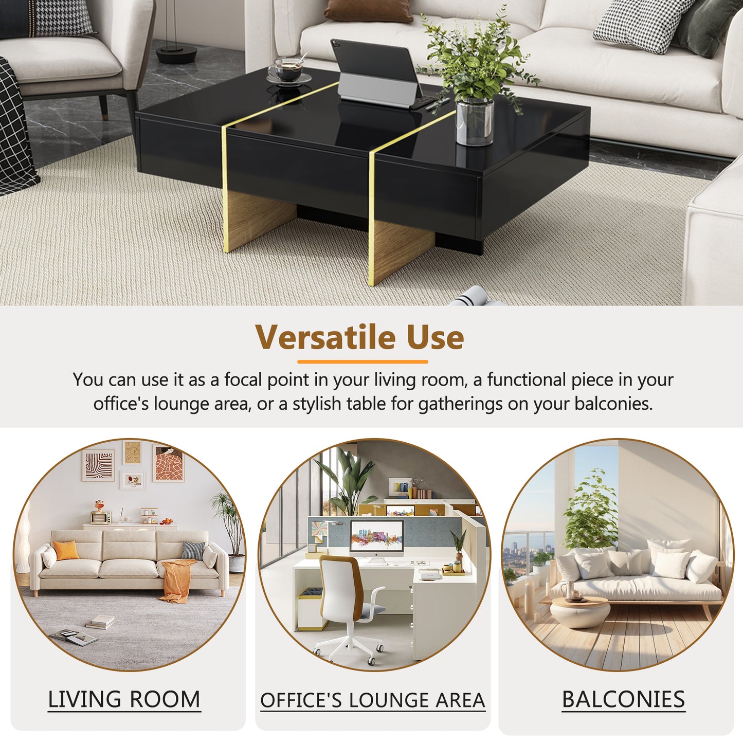 Luxe Divine Collection ~ 47.2 inch x 31.4 inch multifunctional rectangular sofa table with 2 drawers and gold wood grain leg center table, black