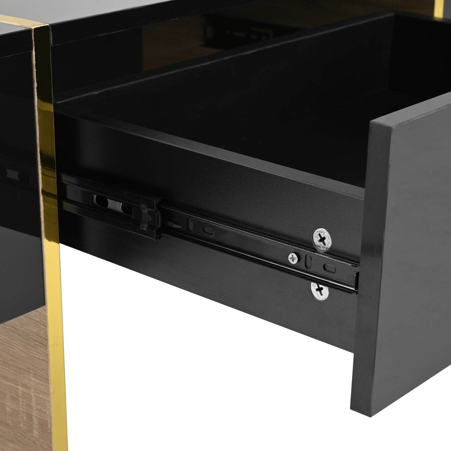 Luxe Divine Collection ~ 47.2 inch x 31.4 inch multifunctional rectangular sofa table with 2 drawers and gold wood grain leg center table, black
