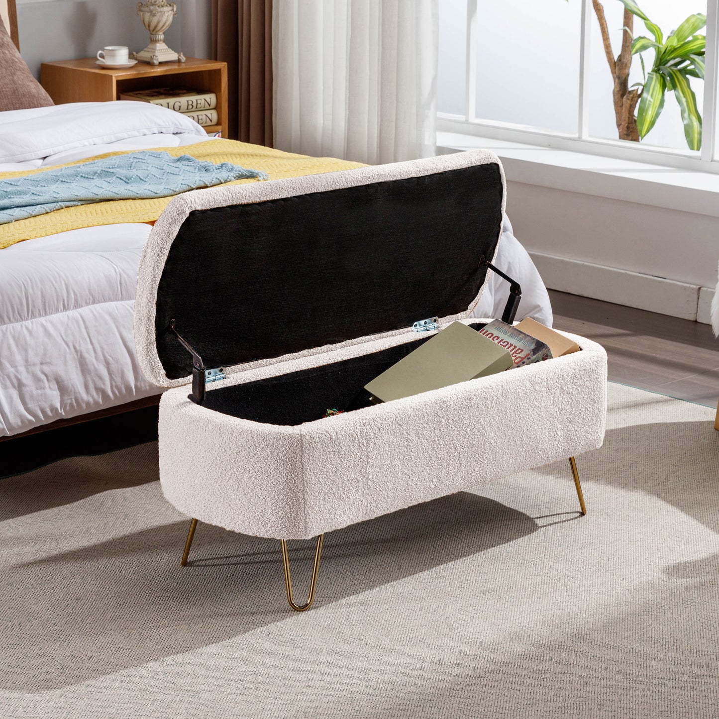 Luxe Divine Collection ~ Ivory White Storage Ottoman Bench for End of Bed Gold Legs