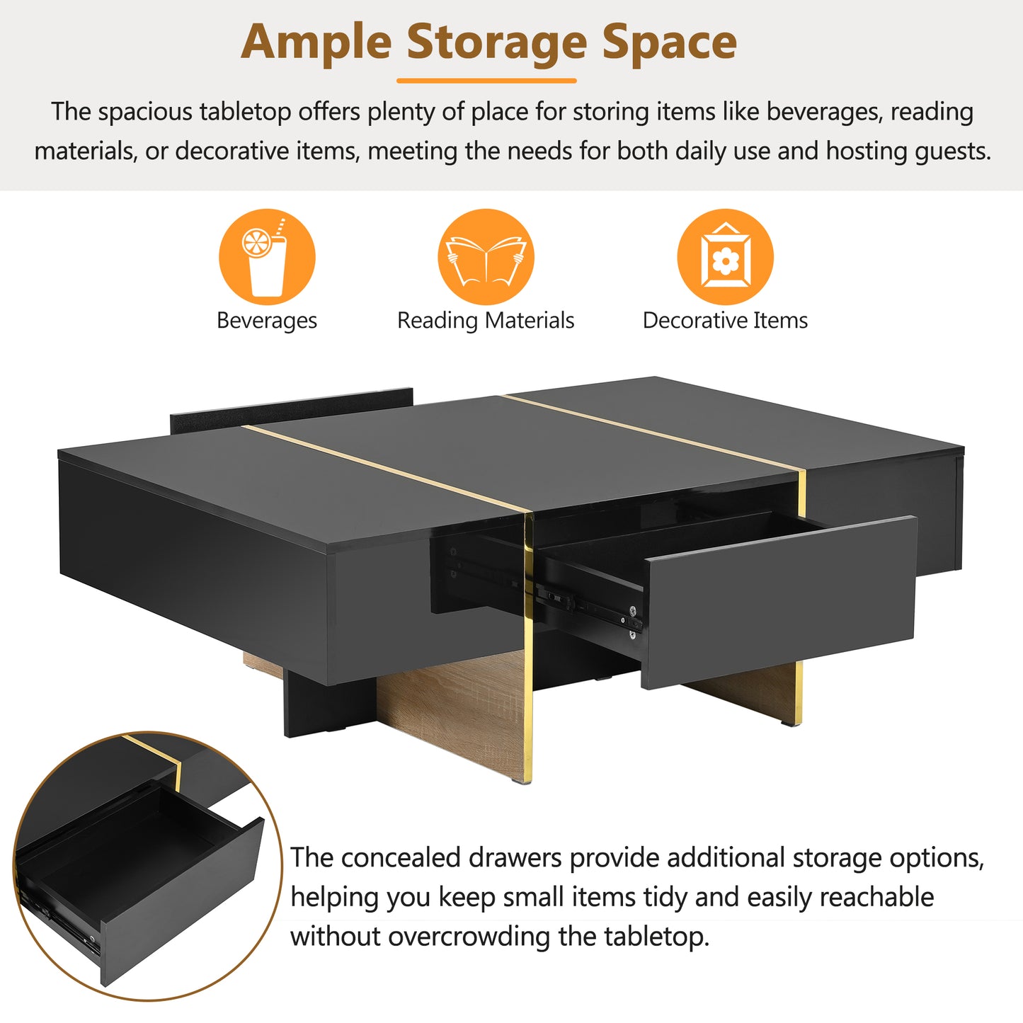 Luxe Divine Collection ~ 47.2 inch x 31.4 inch multifunctional rectangular sofa table with 2 drawers and gold wood grain leg center table, black