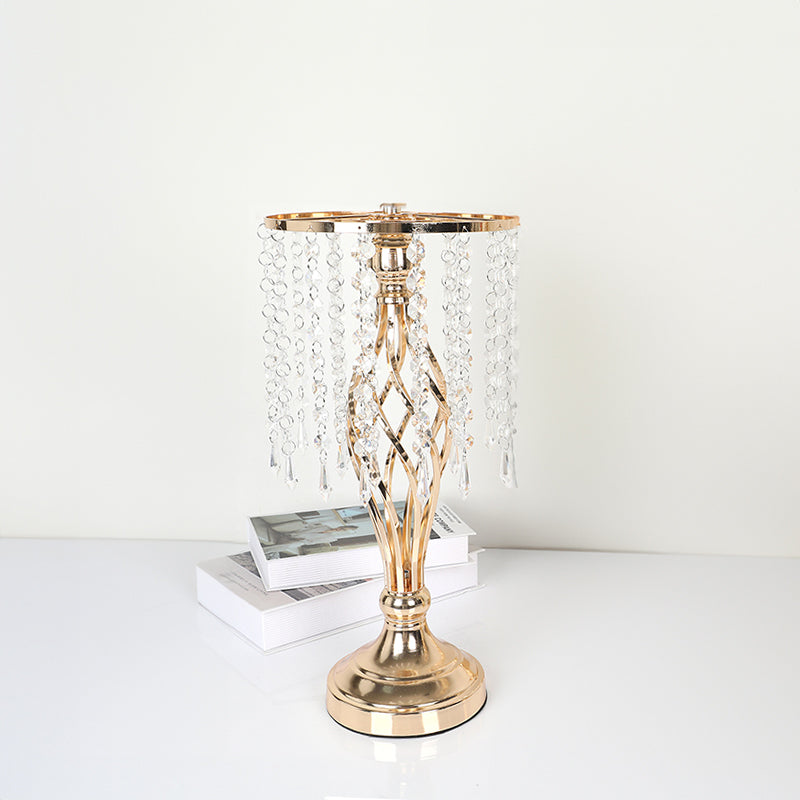 Luxe Divine Collection ~ Gold-Plated Wrought Iron Metal Flower Stand or Candle Holder with Crystal Acrylic Beads Hanging