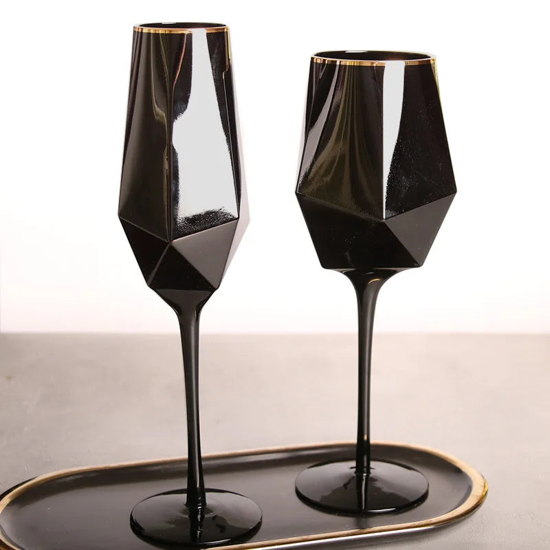 Luxe Divine Collection ~ Pure Black Crystal Golden Edge Wine Glass, Special Champagne Glasses