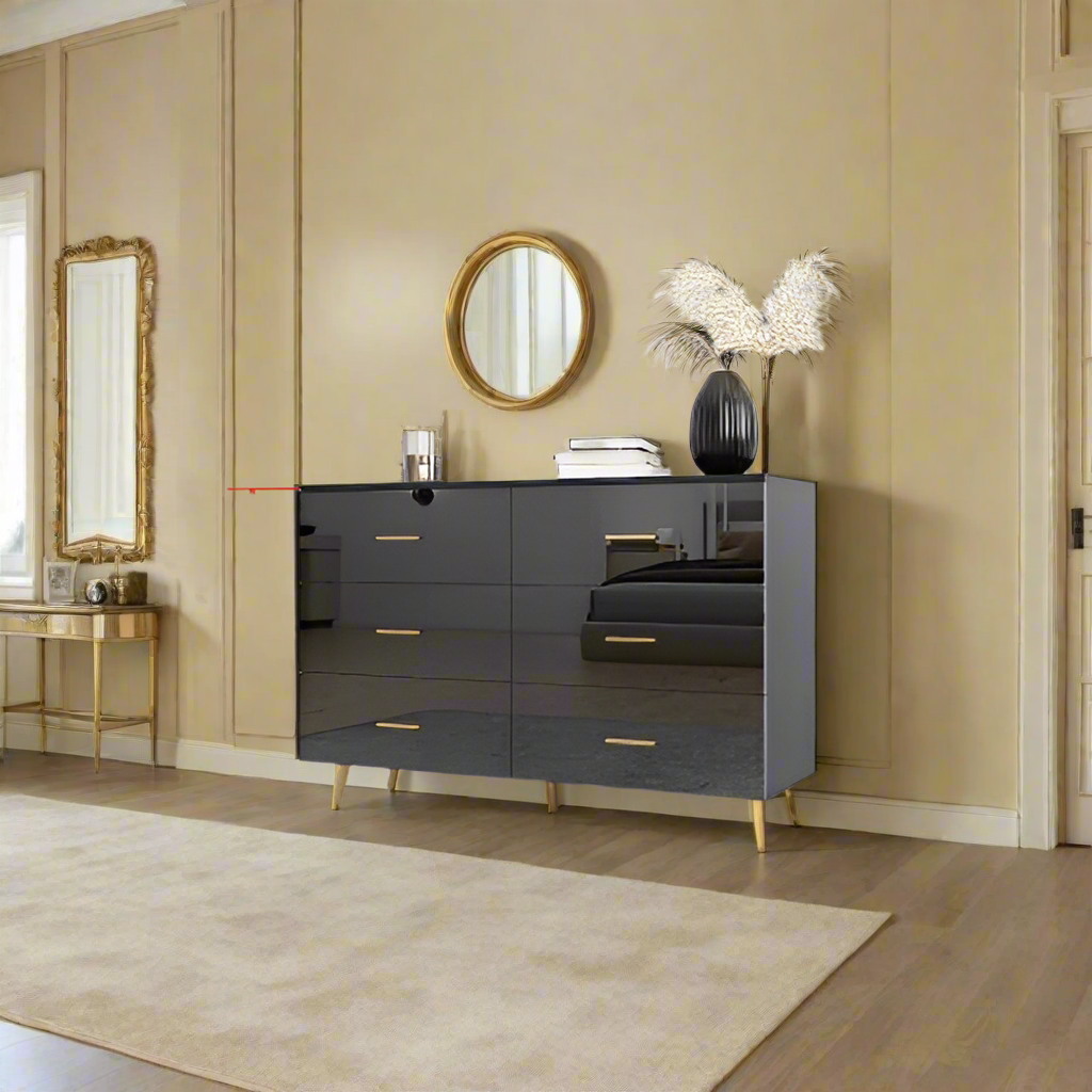 Luxe Divine Collection ~ High Glossy Surface 6 Drawers Chest Of Drawer With Golden Handle And Golden Steel Legs White Color Vanity