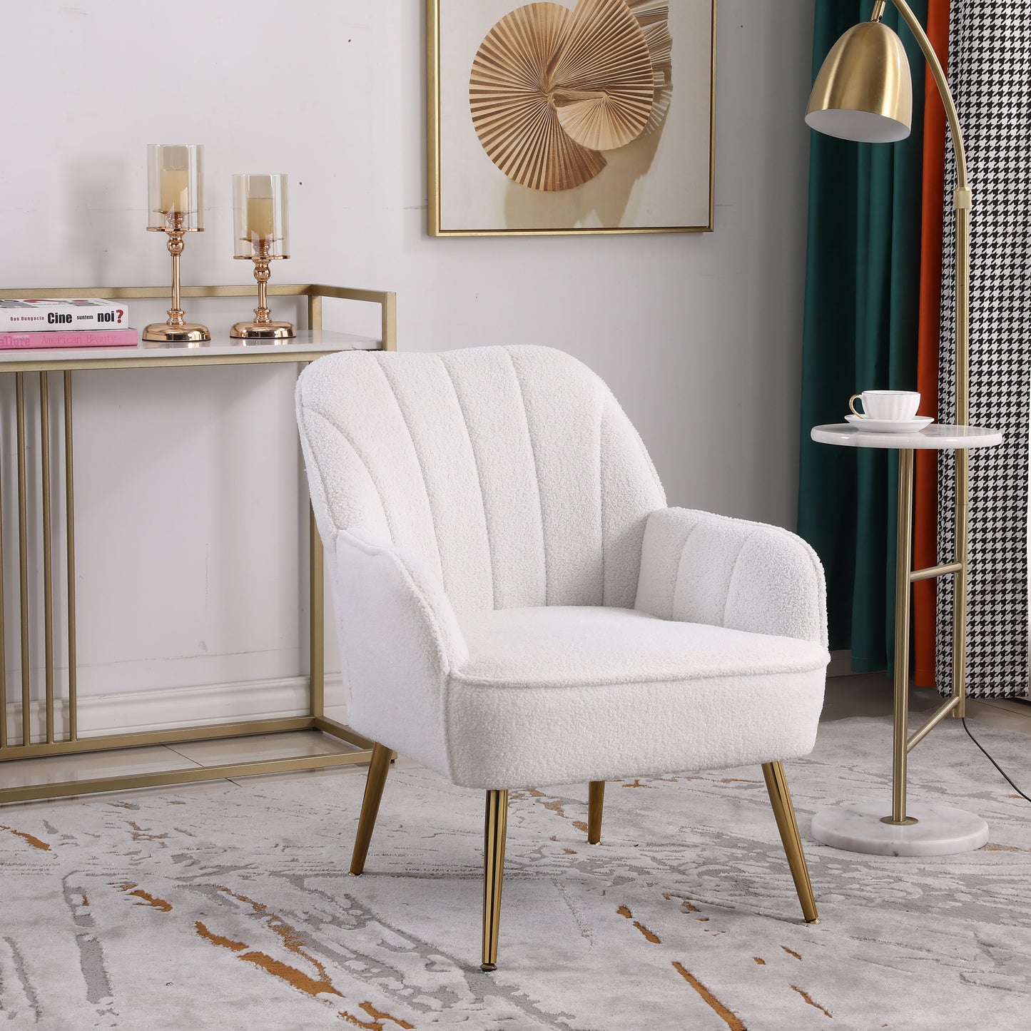 Luxe Divine Collection ~ Modern soft white Teddy fabric ivory chair with ergonomic features featuring gold legs and adjustable legs