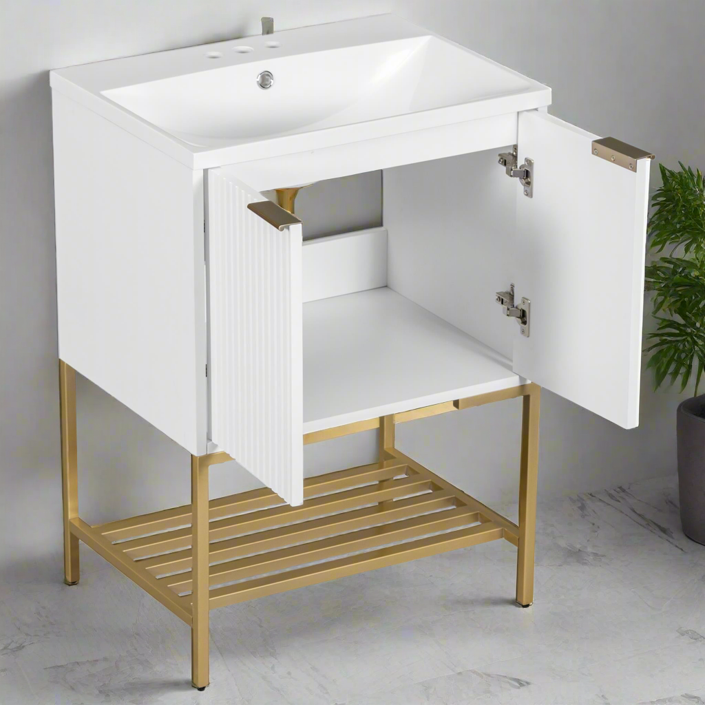 Luxe Divine Collection ~ 24 Inches Bathroom Vanity With Two Doors And Gold Metal Frame, Open Storage Shelves, White