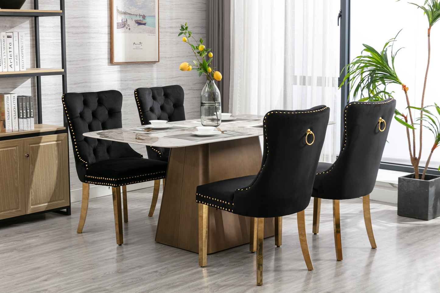 Luxe Divine Collection ~ Black Solid wood velvet cushion chair, gold-plated stainless steel chair leg nail head decoration 2-piece set in black and gold