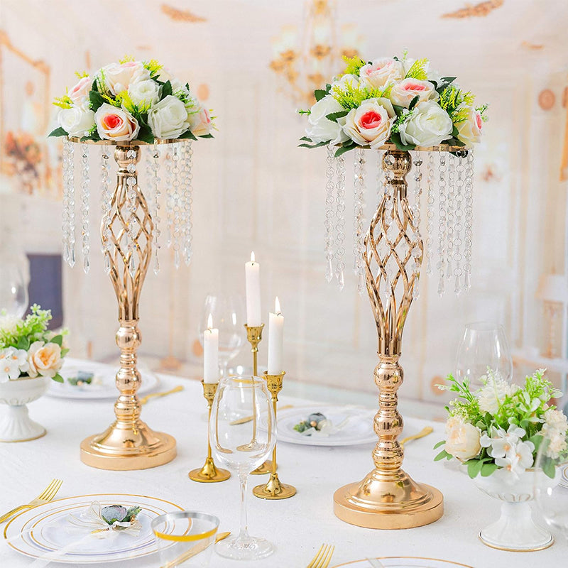 Luxe Divine Collection ~ Gold-Plated Wrought Iron Metal Flower Stand or Candle Holder with Crystal Acrylic Beads Hanging