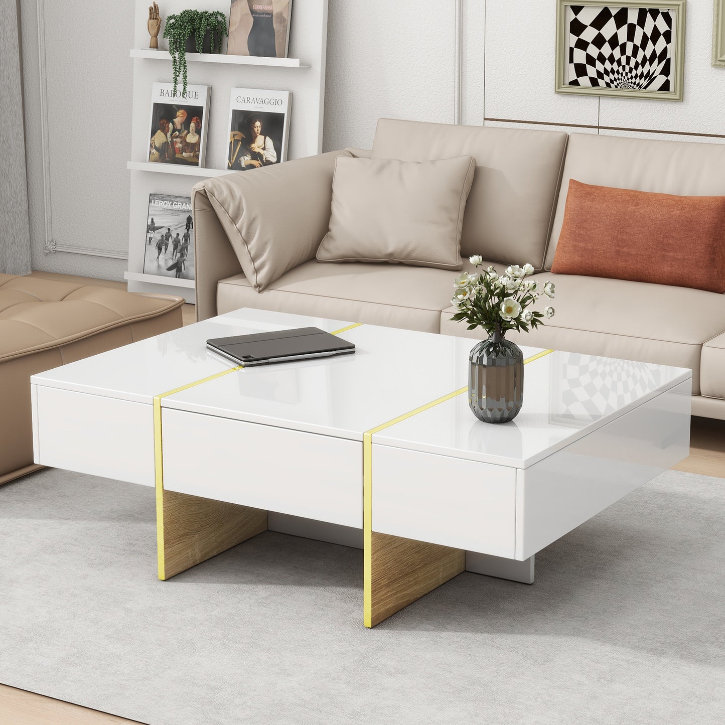 Luxe Divine Collection ~ 47.2 inch x 31.4 inch Multifunctional Rectangular Sofa Table with 2 drawers and Gold Wood Grain Leg Center Table, white
