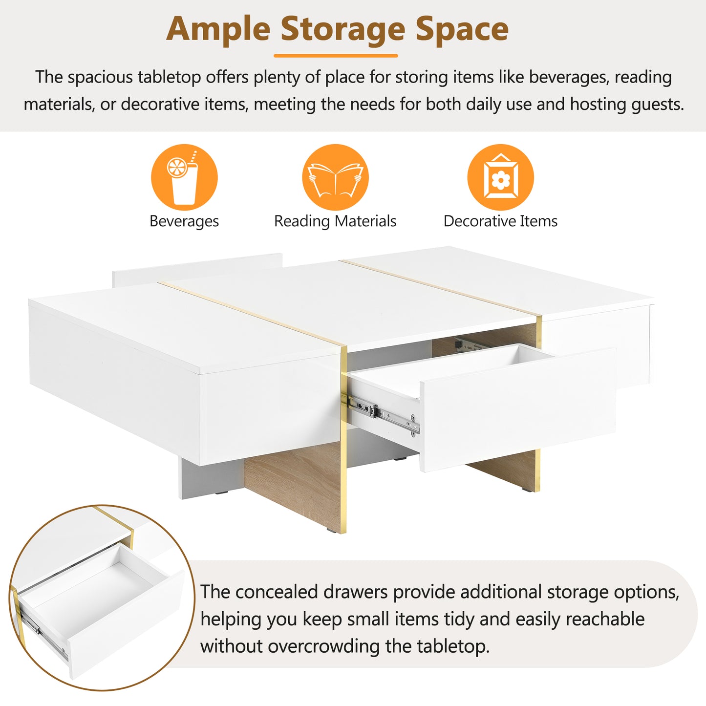 Luxe Divine Collection ~ 47.2 inch x 31.4 inch Multifunctional Rectangular Sofa Table with 2 drawers and Gold Wood Grain Leg Center Table, white