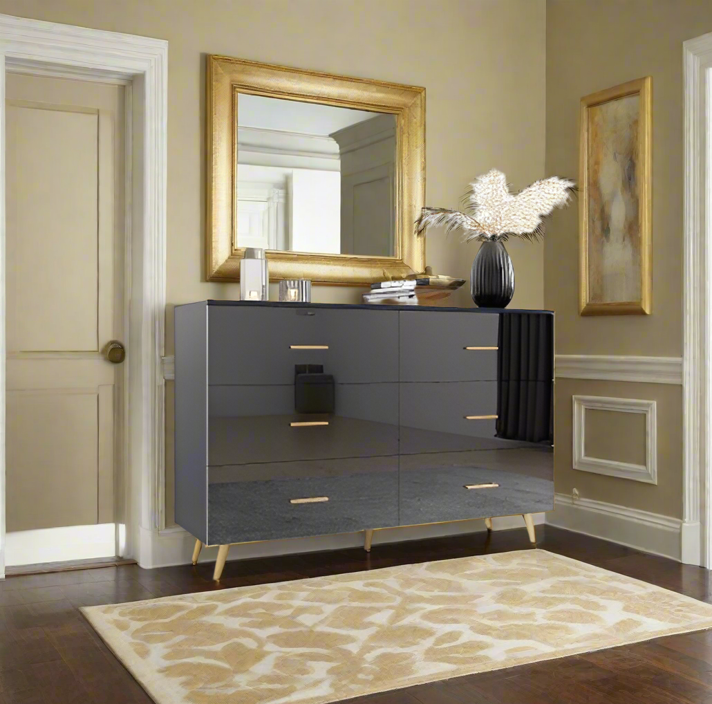 Luxe Divine Collection ~ High Glossy Surface 6 Drawers Chest Of Drawer With Golden Handle And Golden Steel Legs White Color Vanity