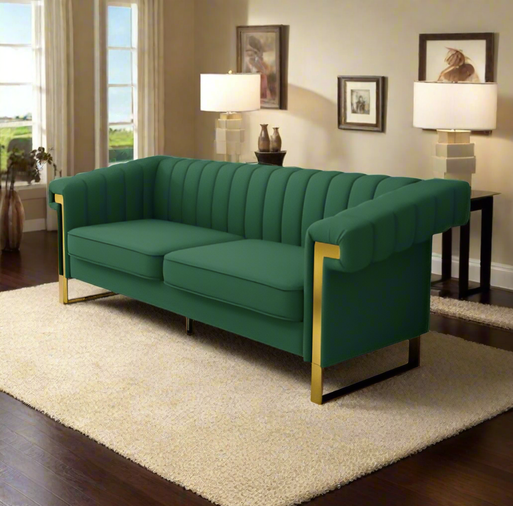 Luxe Divine Collection ~ Sleek Channel-Tufted Upholstery, 3-Seat Sofa with Gold Accents
