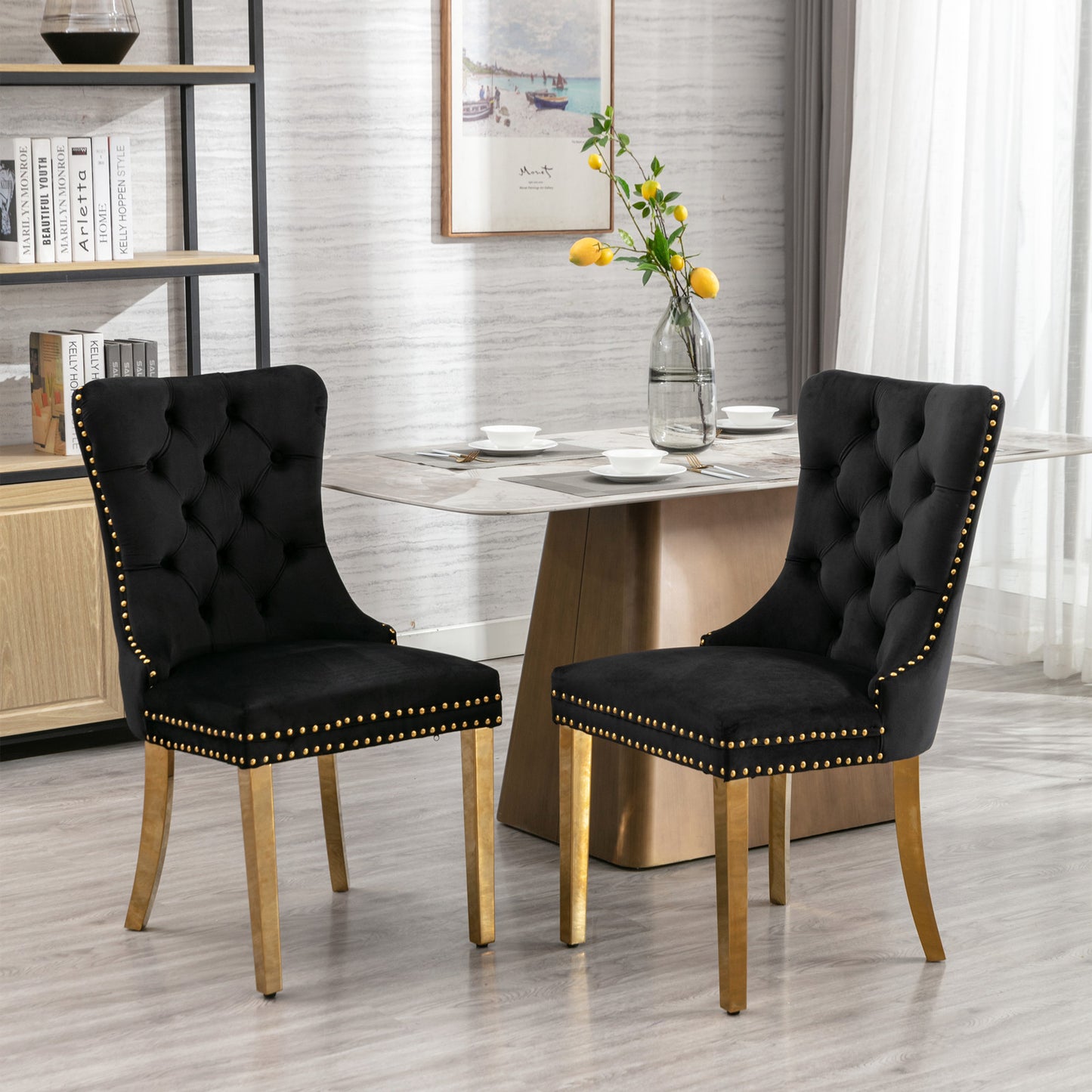 Luxe Divine Collection ~ Black Solid wood velvet cushion chair, gold-plated stainless steel chair leg nail head decoration 2-piece set in black and gold