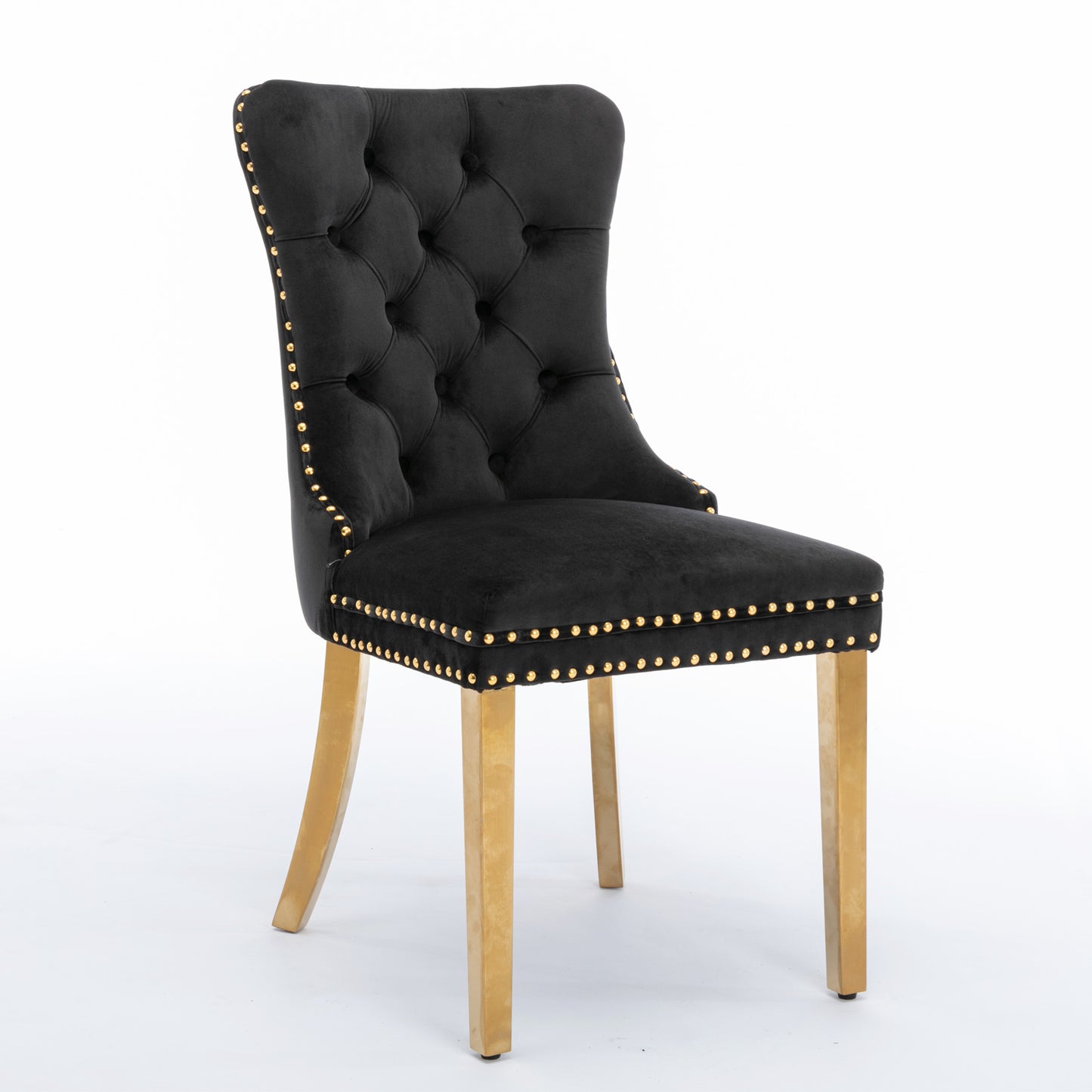 Luxe Divine Collection ~ Black Solid wood velvet cushion chair, gold-plated stainless steel chair leg nail head decoration 2-piece set in black and gold