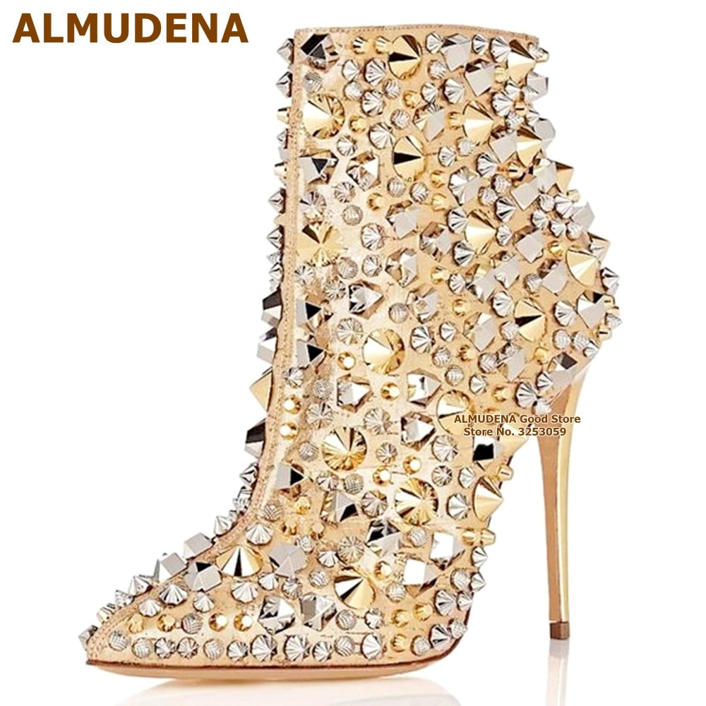 Luxe Divine Collection ~ Glitter Gold Metallic Studs Ankle Boots Stiletto Heel Silver Shell Spikes Pointed Toe Booties