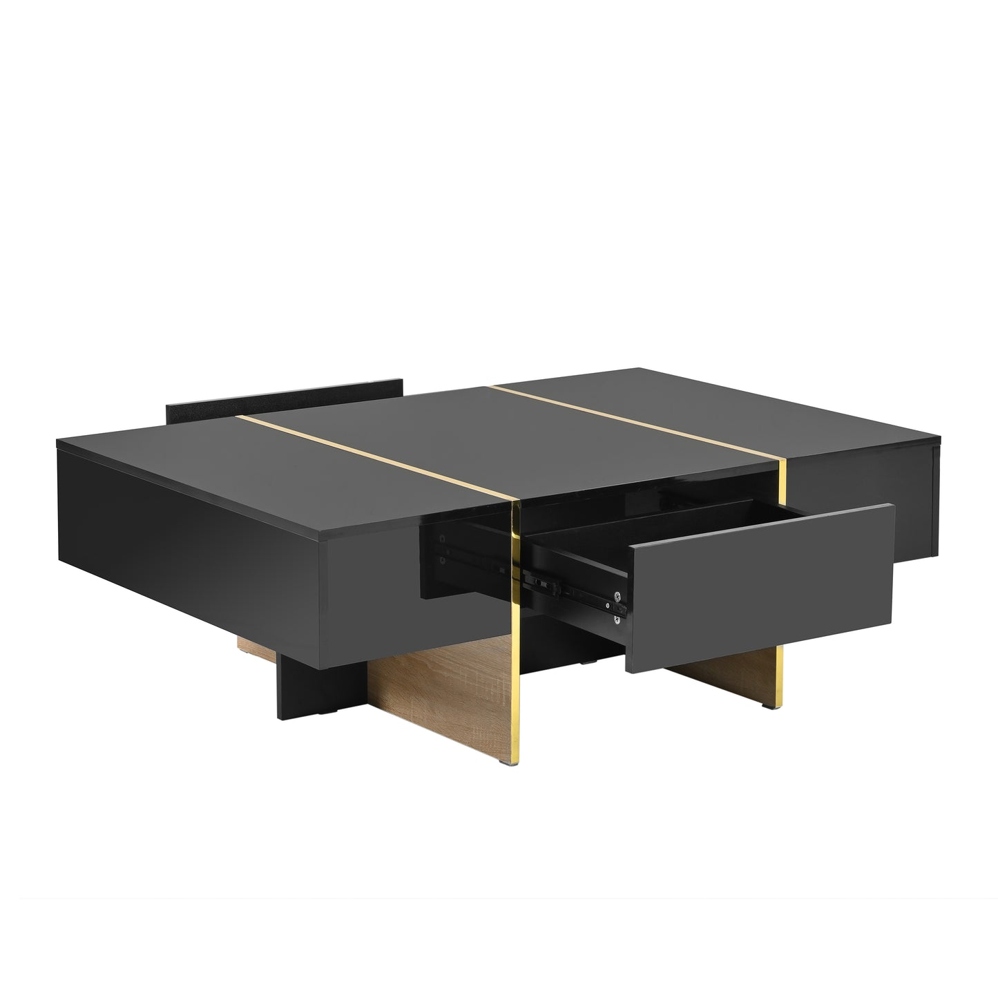 Luxe Divine Collection ~ 47.2 inch x 31.4 inch multifunctional rectangular sofa table with 2 drawers and gold wood grain leg center table, black