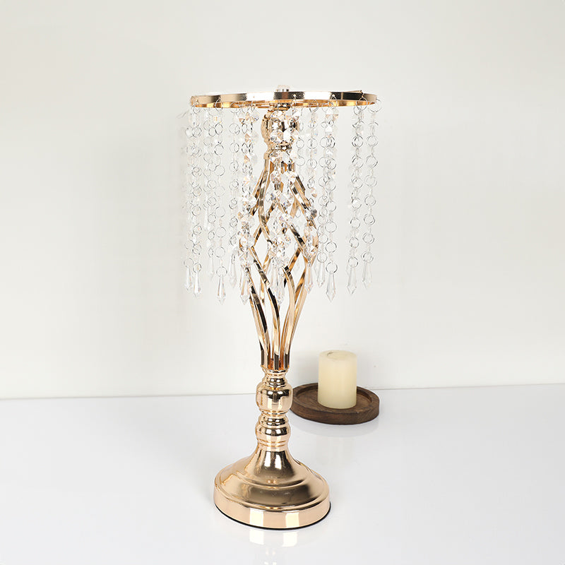 Luxe Divine Collection ~ Gold-Plated Wrought Iron Metal Flower Stand or Candle Holder with Crystal Acrylic Beads Hanging