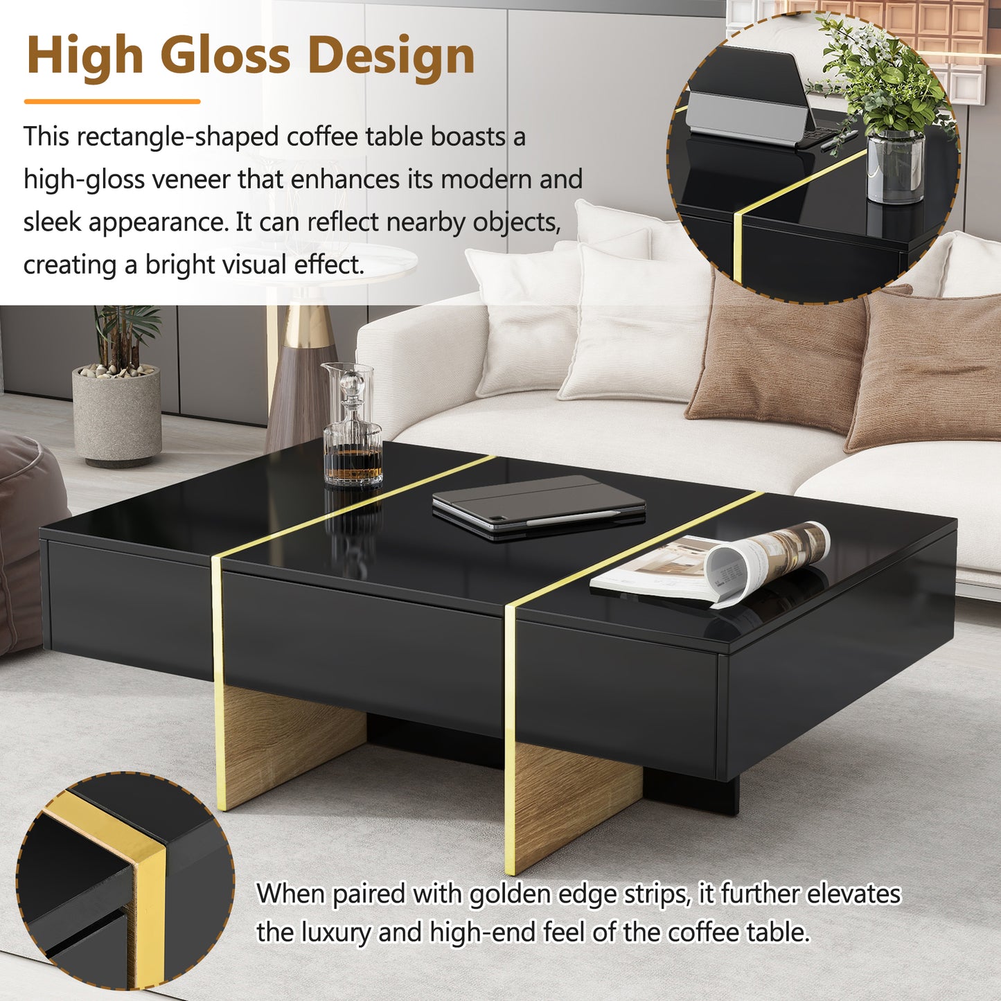 Luxe Divine Collection ~ 47.2 inch x 31.4 inch multifunctional rectangular sofa table with 2 drawers and gold wood grain leg center table, black