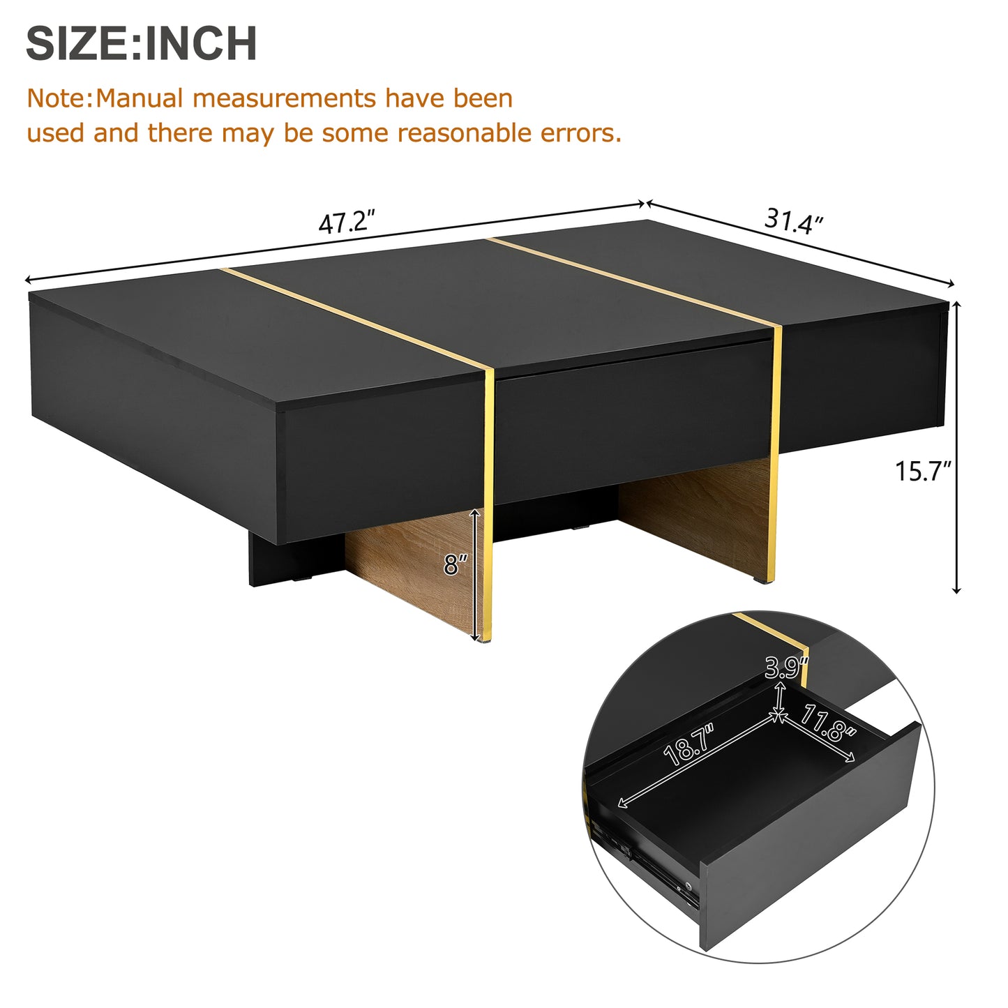 Luxe Divine Collection ~ 47.2 inch x 31.4 inch multifunctional rectangular sofa table with 2 drawers and gold wood grain leg center table, black