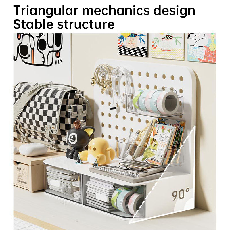 Luxe Divine Collection ~ Adorable Desk Organizer with Hook Drawer, Hole Board, Card Display Stand, Desktop Storage Box, and Stationery Storage Rack