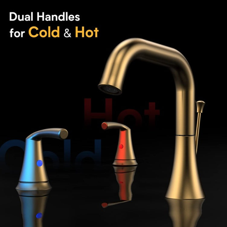 Luxe Divine Collection ~ Brushed Gold Widespread 8 Inch Bathroom Faucet With Pop Up Drain Assembly
