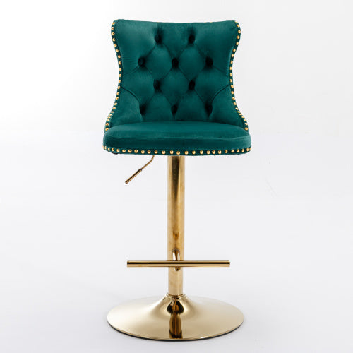 Luxe Divine Collection ~ Golden Swivel Velvet Barstools Adjustable Seat Height From 25-33 Inch Green, Nailhead Trim, Set Of 2