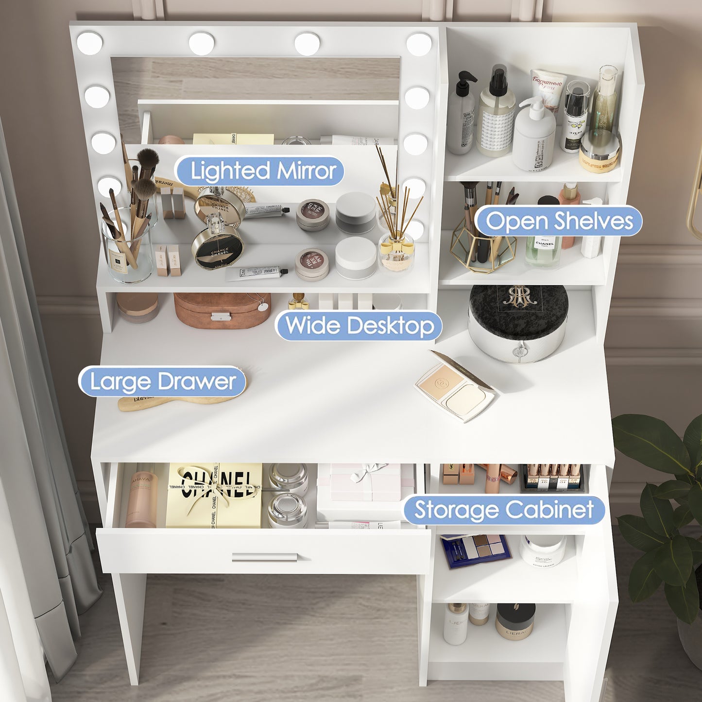 Luxe Divine Collection ~ White Make-up Vanity Table With Mirror And Lamp