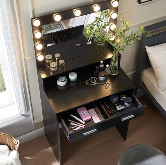 Luxe Divine Collection ~ Black Make-up Vanity Table With Mirror And Lamp