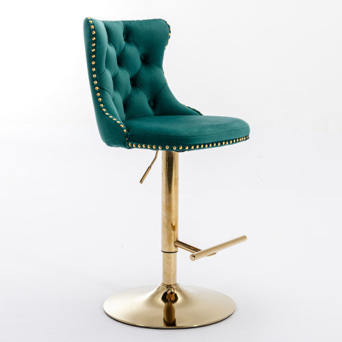 Luxe Divine Collection ~ Golden Swivel Velvet Barstools Adjustable Seat Height From 25-33 Inch Green, Nailhead Trim, Set Of 2