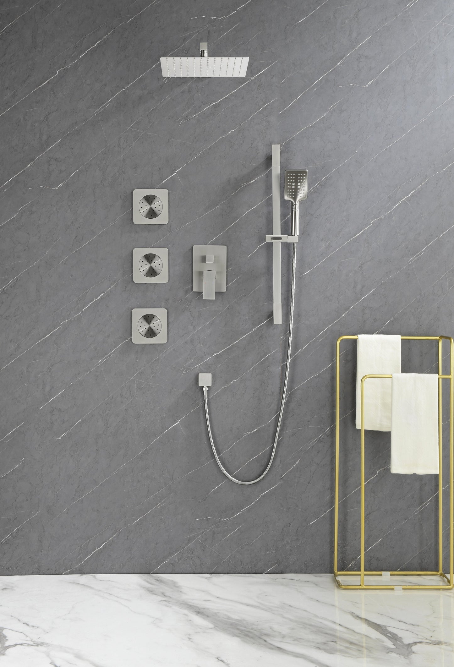 Luxe Divine Collection ~ Shower System With Shower Head, Hand Shower, Slide Bar, Sprayer, Shower Arm, Hose, Valve Trim And Lever Handle