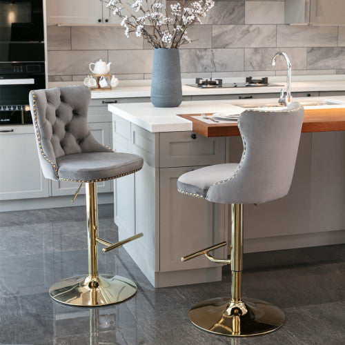 Luxe Divine Collection ~ Golden Swivel Velvet Barstools Adjustable Seat Height From 25-33 Inch Gray, Nailhead Trim, Set Of 2