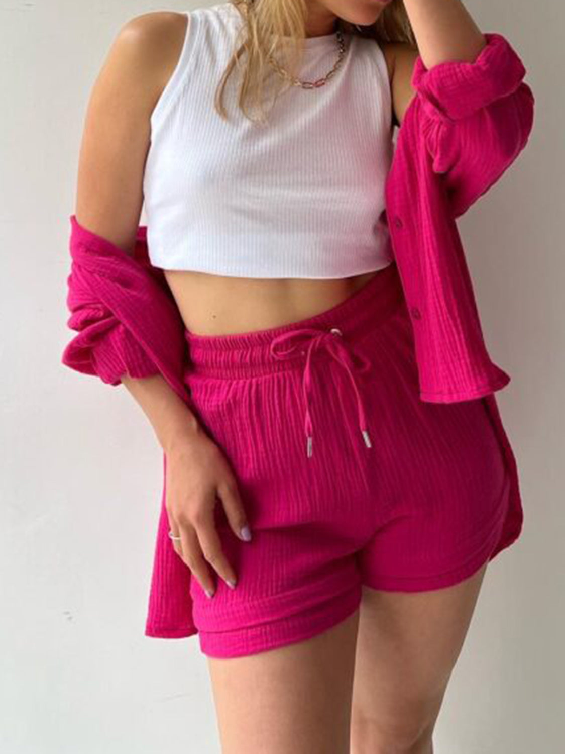 Luxe Divine Collection ~ Texture Button Up Shirt and Drawstring Shorts Set